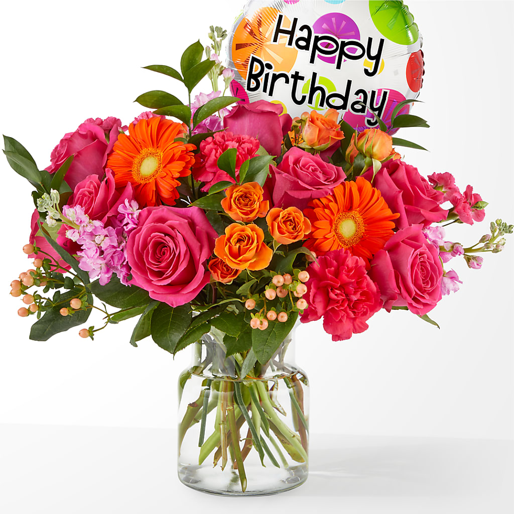 Fiesta Bouquet with Birthday Balloon – Knaup Floral Inc, Cape Girardeau MO