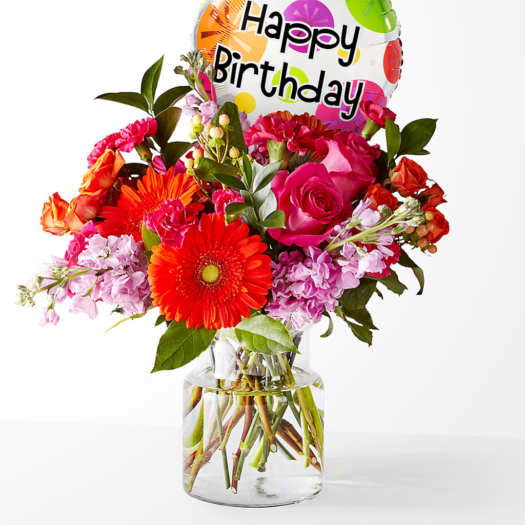 Fiesta Bouquet with Birthday Balloon – Knaup Floral Inc, Cape Girardeau MO