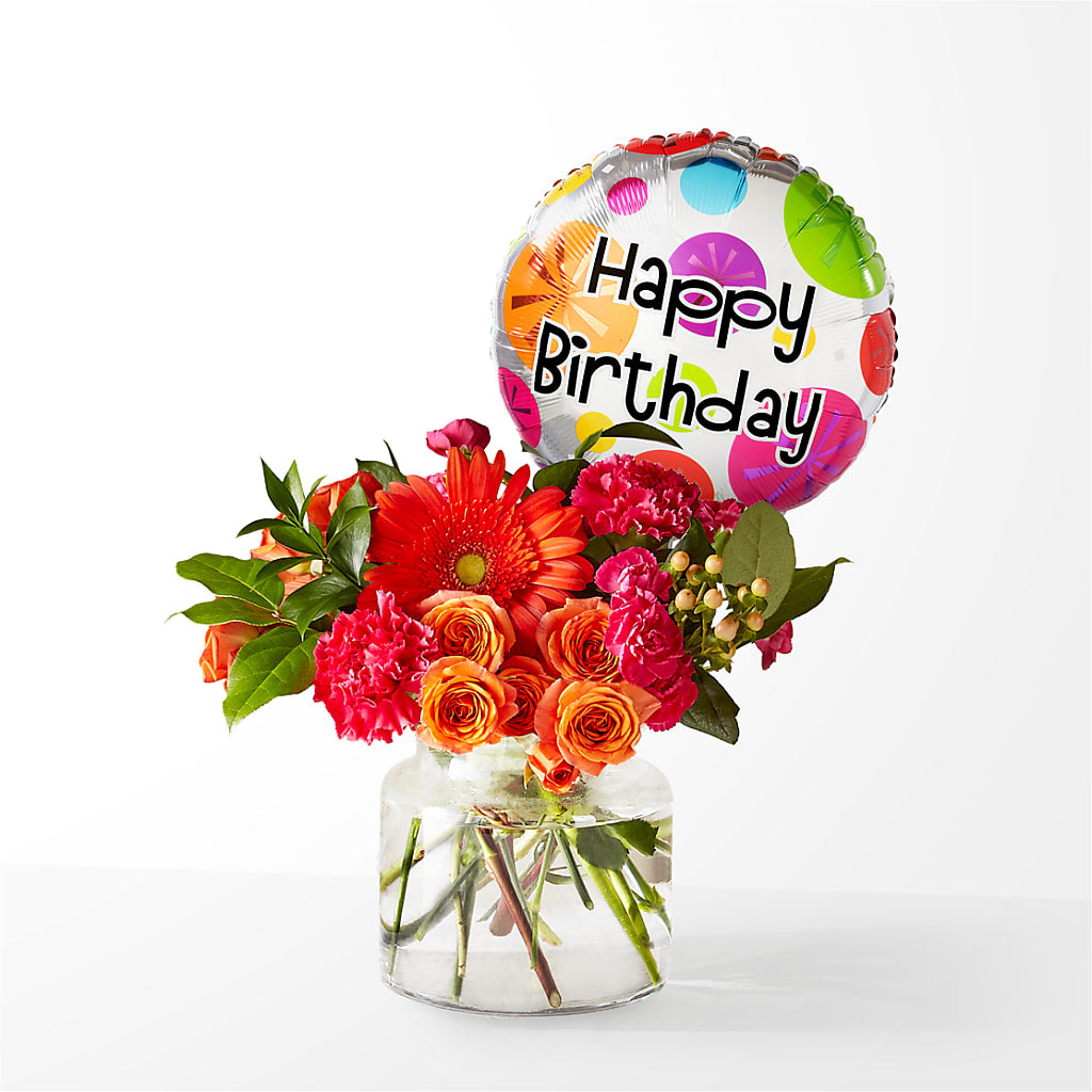 Fiesta Bouquet with Birthday Balloon – Knaup Floral Inc, Cape Girardeau MO