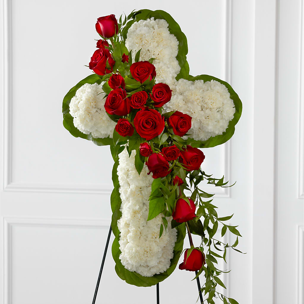 Floral Cross Easel – Knaup Floral Inc, Cape Girardeau MO