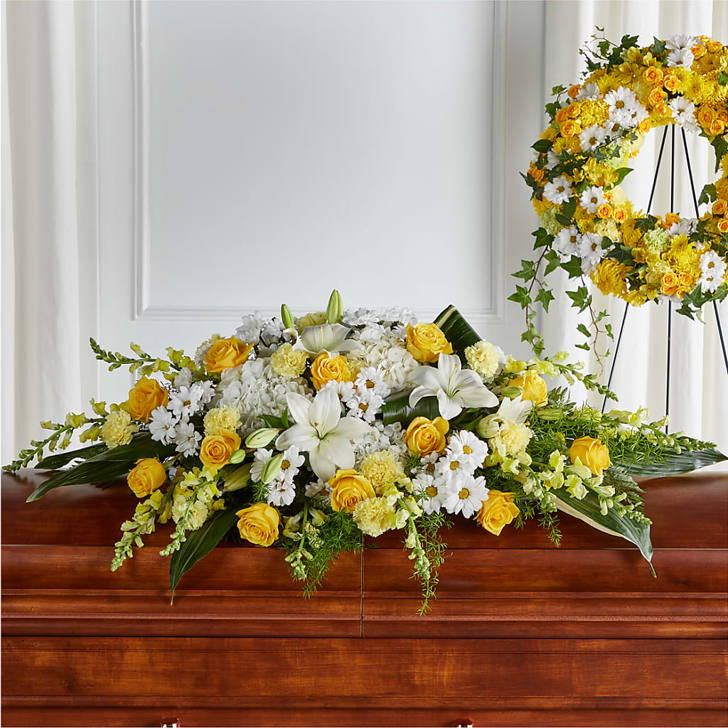 Golden Harmony Casket Spray – Knaup Floral Inc, Cape Girardeau MO