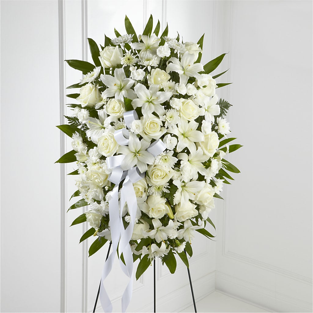 Exquisite Tribute Standing Spray-White Ribbon – Knaup Floral Inc, Cape Girardeau MO