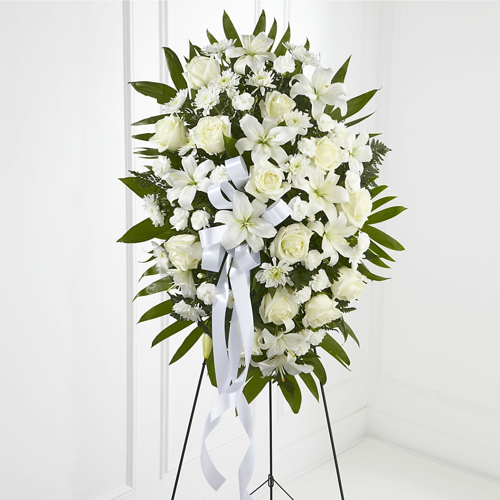 Exquisite Tribute Standing Spray-White Ribbon – Knaup Floral Inc, Cape Girardeau MO