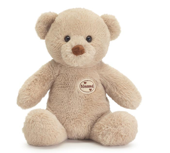 "BLESSED" TAUPE COLOR FUR BEAR 10" SITTING PLUSH